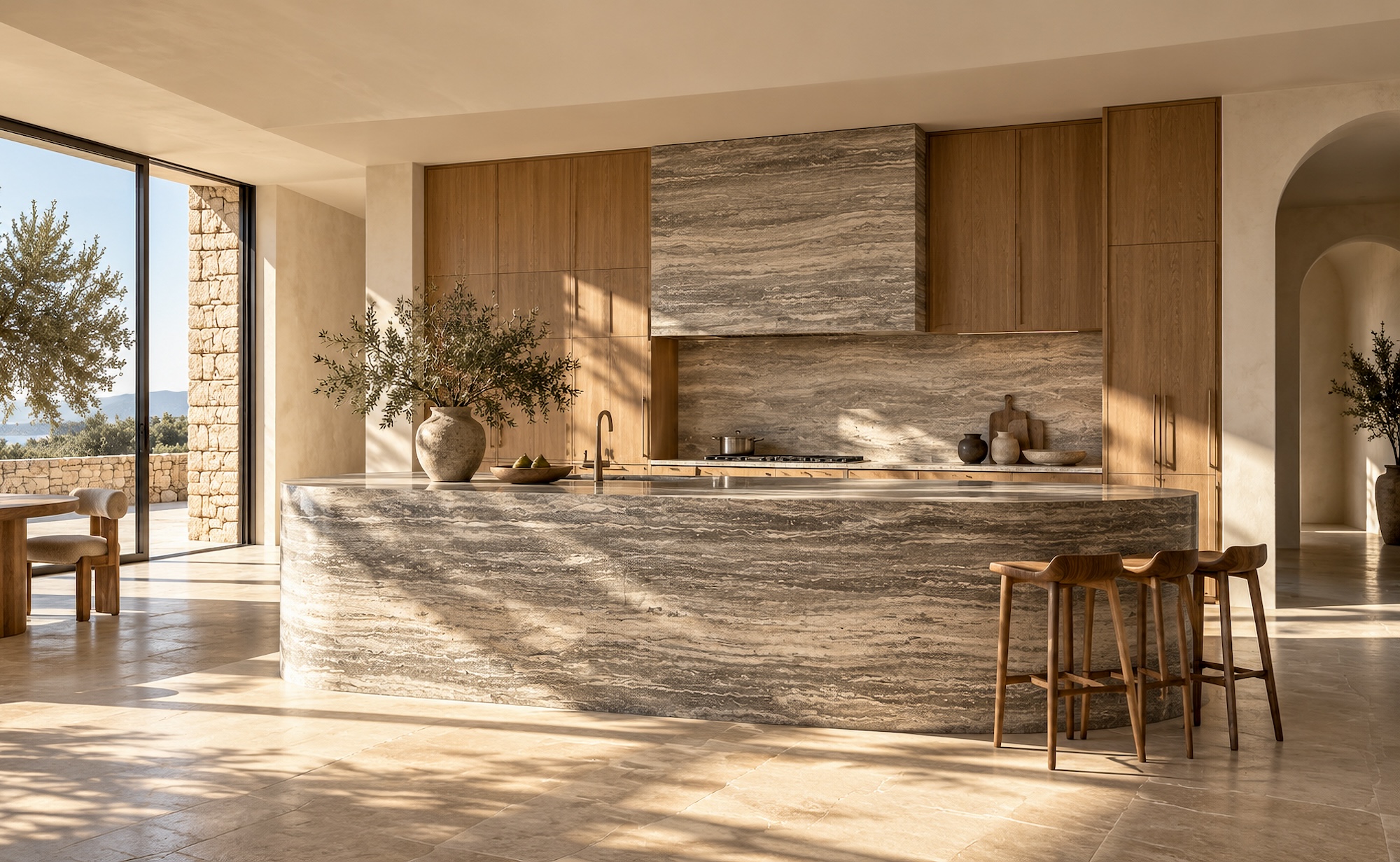 Travertine Kitchen Sculptural Island Natural Stone Architecture Studio Russoniello